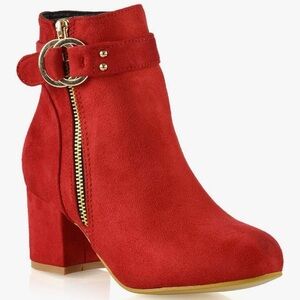 Women's Red Suede Ankle Boot with Gold Zip & Buckle